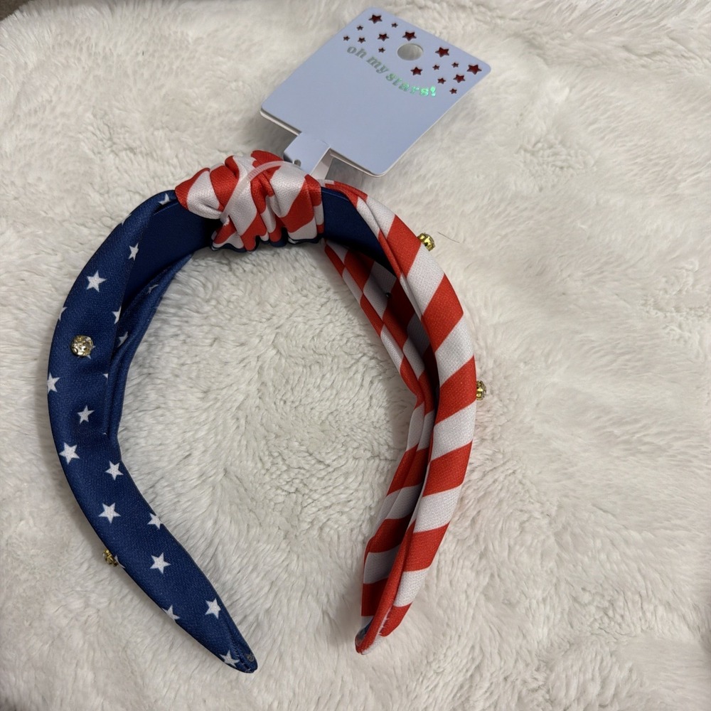 Patriotic American Flag Knot Headband Rhinestone Stars & Stripes Red White Blue